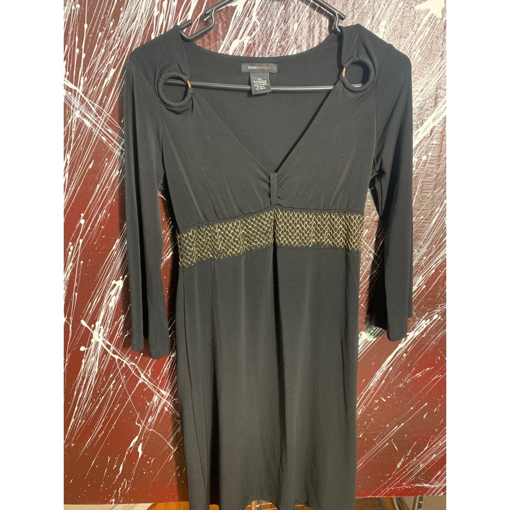 BCBG Black V-Neck Empire Waist Gold Embroidered Dress Womens XS 3/4 Sleeve